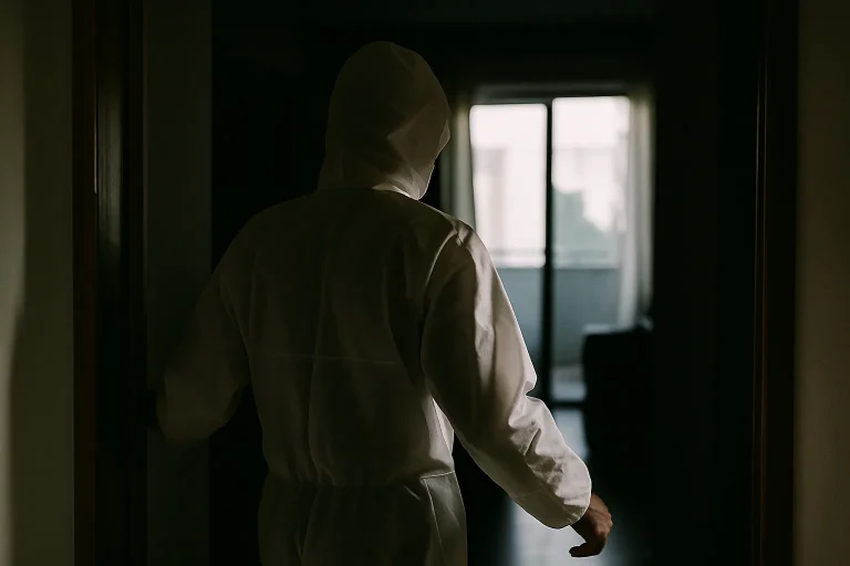 Technicien en combinaison de protection entrant dans un appartement sombre, lumière douce
