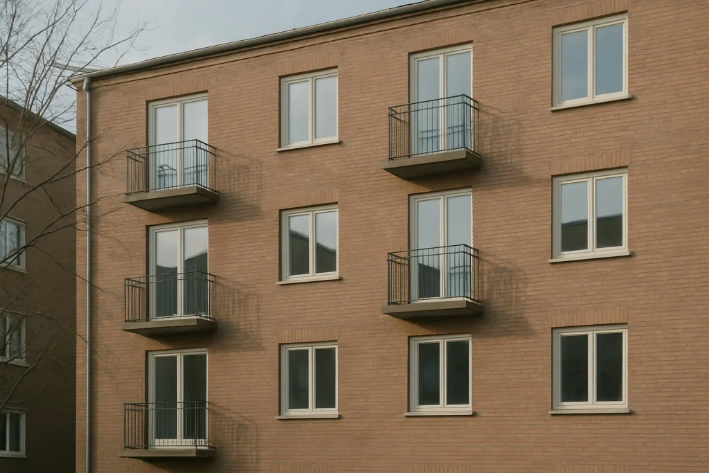 Vue extérieure d'un bâtiment résidentiel en briques éclairé par la lumière du jour