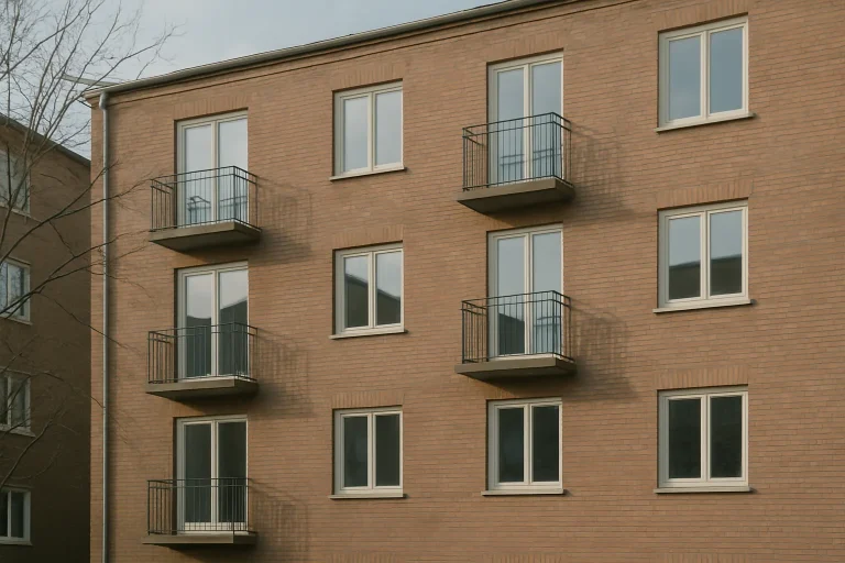 Vue extérieure d'un bâtiment résidentiel en briques éclairé par la lumière du jour