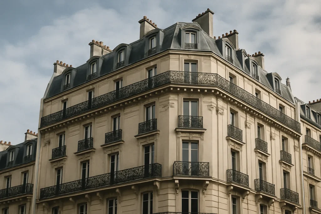 Façade d'un immeuble haussmannien avec balcons en fer forgé sous un ciel nuageux