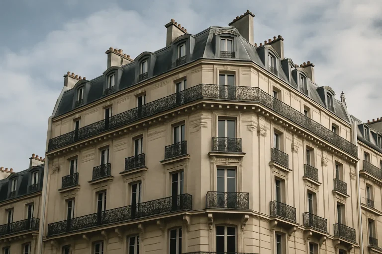 Façade d'un immeuble haussmannien avec balcons en fer forgé sous un ciel nuageux