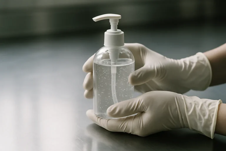 Gants en latex tenant un désinfectant sur une surface en inox, reflets doux