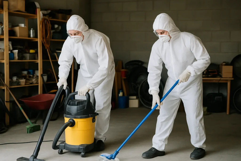 Deux techniciens nettoient un garage en portant des combinaisons de protection