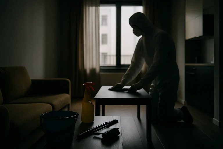Technicien en combinaison de protection nettoyant un appartement après un homicide, outils visibles