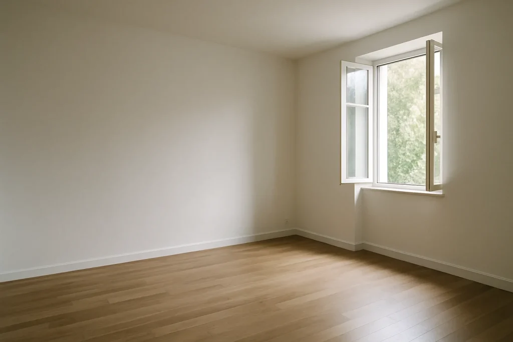 Une pièce vide avec parquet et lumière douce, prête pour la vente